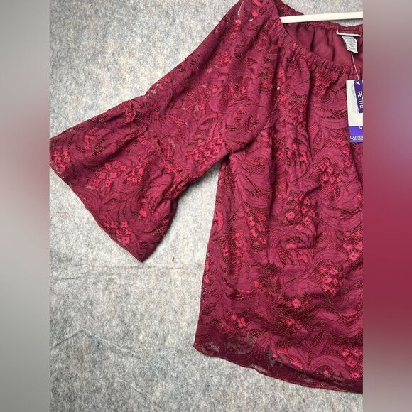 Catherines 3XW Petite Off Shoulder Blouse Maroon Lace Floral Cotton Top - Picture 2 of 8